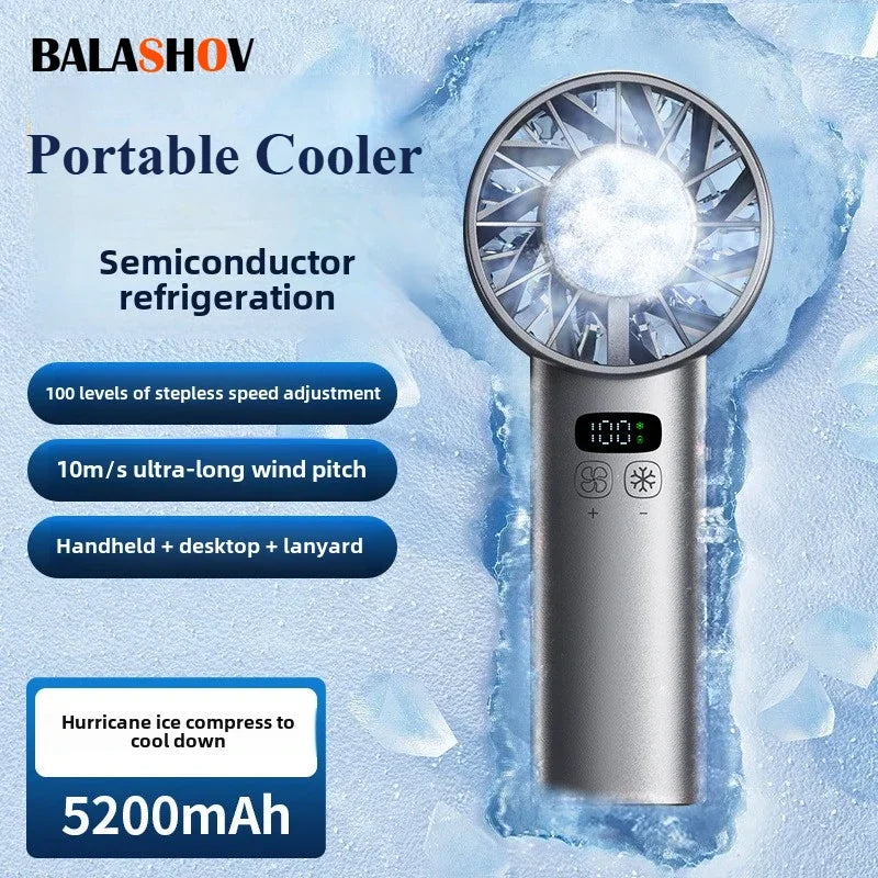 Balashov 5-in-1 Ice-Compress Handheld Fan – 5 200 mAh Power Bank, 100-Speed Turbo Cooling, USB-C Rechargeable with LED Display