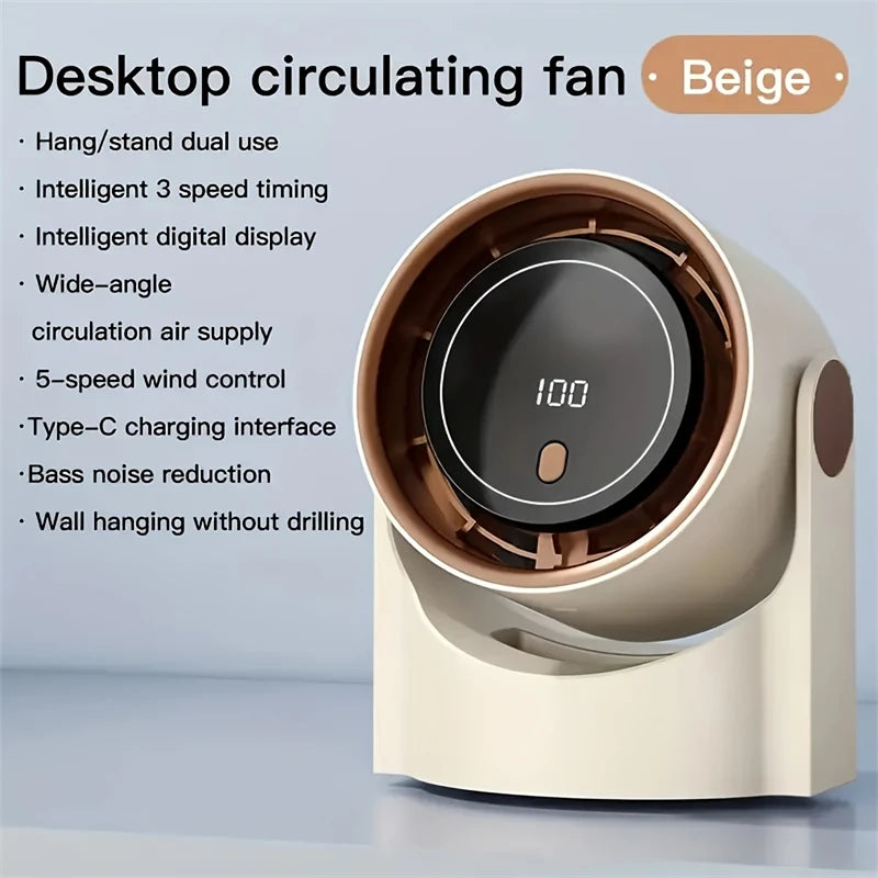 100-Speed Ultra-Quiet Table Fan – 180° Oscillating, 2000 mAh Rechargeable, Wall-Mount or Desk, LED Display, USB-C