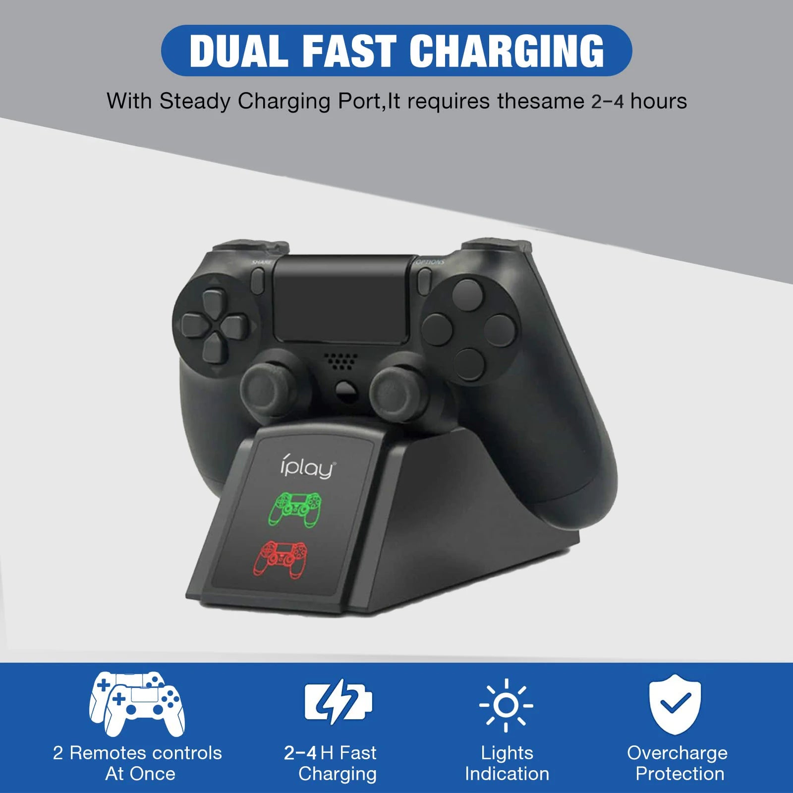 JSB Dual PS4 Controller Fast-Charging Dock – 2-Hour Quick Charge LED Station for Sony DualShock 4 / Slim / Pro