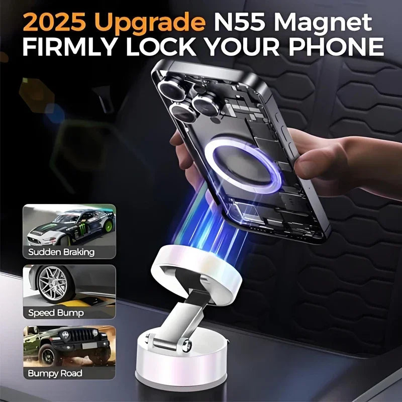 Ultra Magnetic Foldable Car Phone Holder – 360° Swivel Dash Mount, Vacuum Suction, N52 Magnet Grip for 4-7" Phones