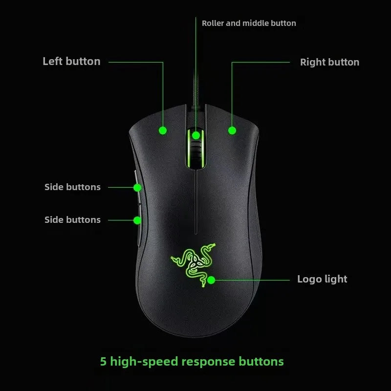 Razer DeathAdder Essential – 6,400 DPI Wired Gaming Mouse, 5 Programmable Buttons, Ergonomic Rubber Grips, Classic Green RGB