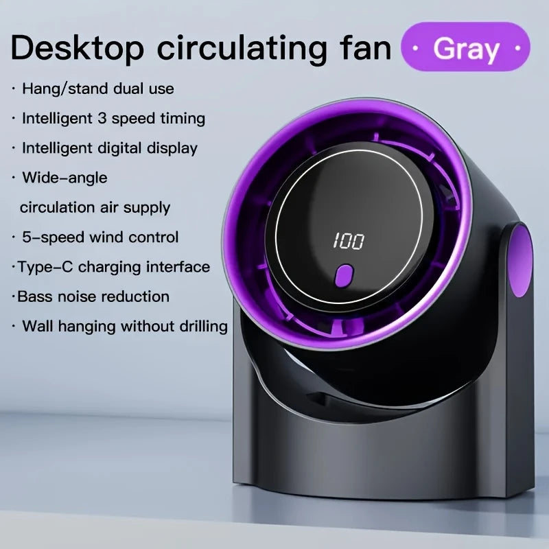 100-Speed Ultra-Quiet Table Fan – 180° Oscillating, 2000 mAh Rechargeable, Wall-Mount or Desk, LED Display, USB-C