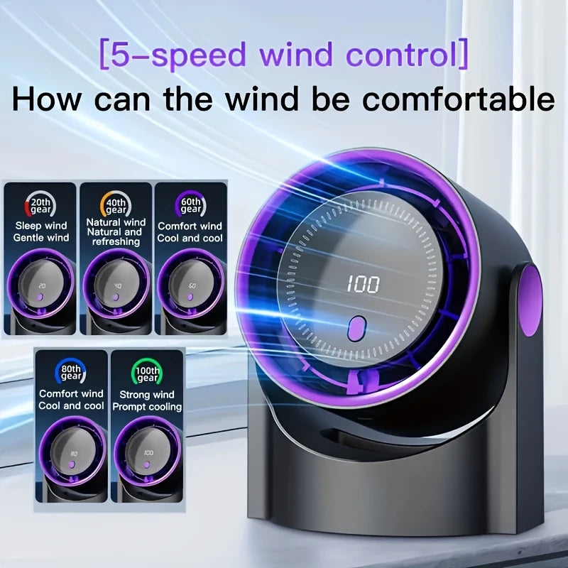 100-Speed Ultra-Quiet Table Fan – 180° Oscillating, 2000 mAh Rechargeable, Wall-Mount or Desk, LED Display, USB-C